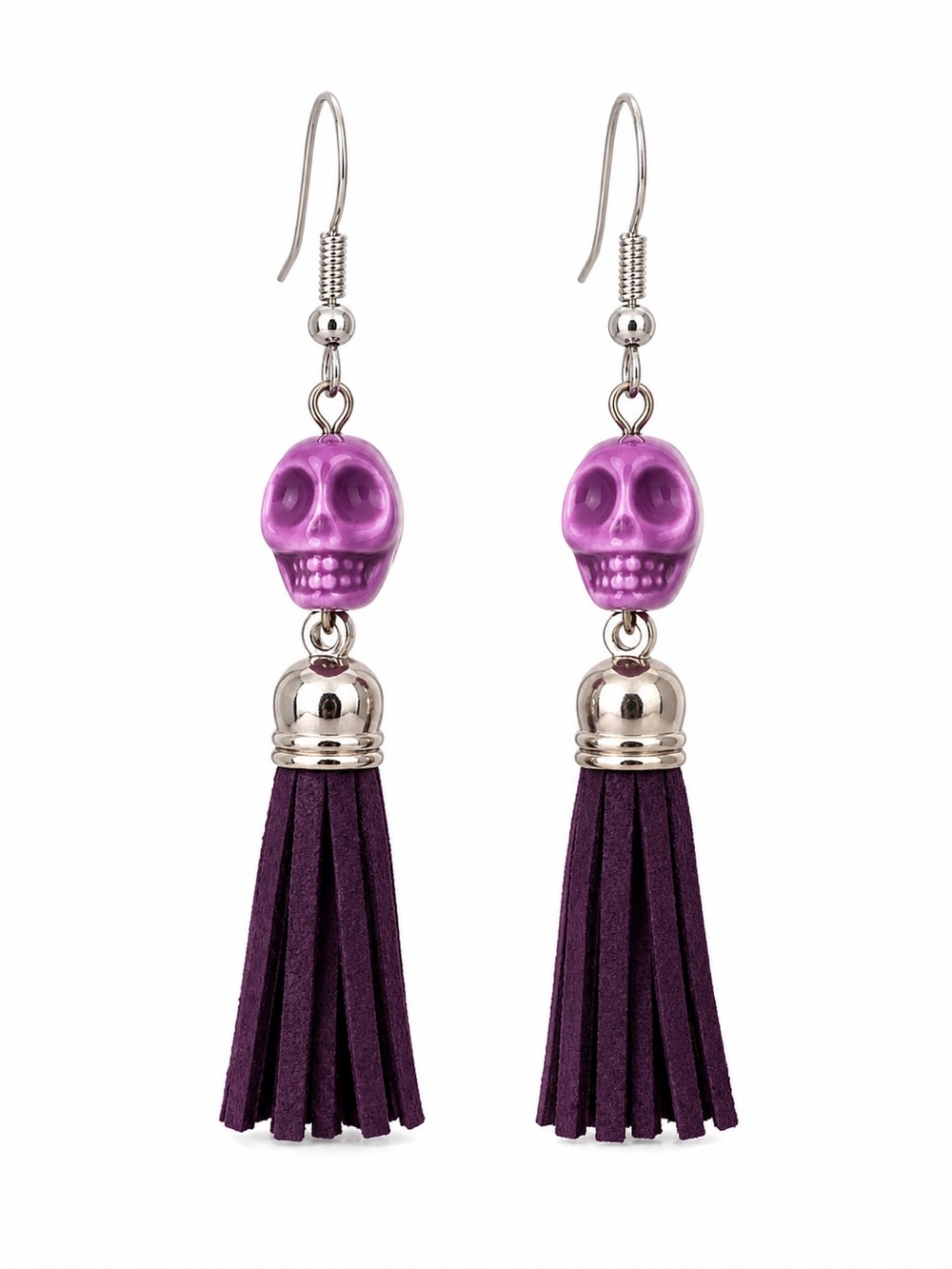 Purple Ceramic Skull Tassel Earrings